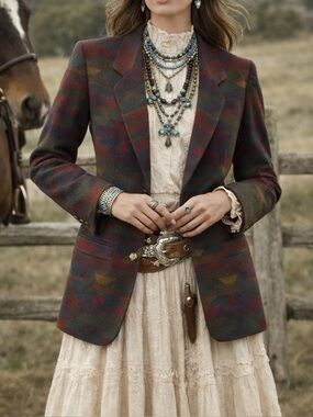 Corbin Threads Wool Blazer Size 12 Aztec Western Southwest Blanket Print Vintage